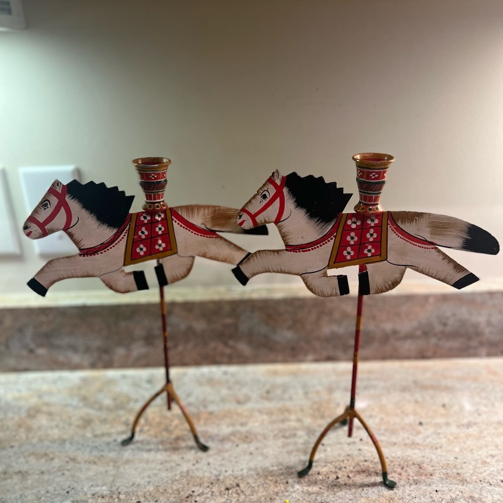 Beautiful Pair of Vintage Tole Tin Folkart Horse Candle Holders *Rare Set*